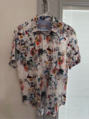 Robert Graham White Short-Sleeve Button-Down with Multicolor Tropical Print